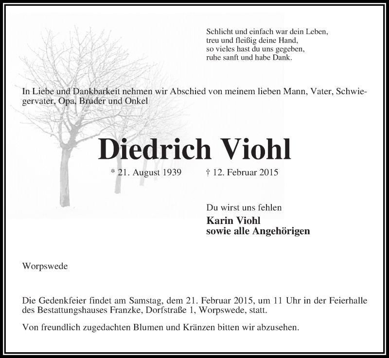 Traueranzeige von Diedrich Viohl von Wuemme Zeitung