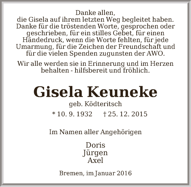 Traueranzeige von Gisela Keuneke von Die Norddeutsche