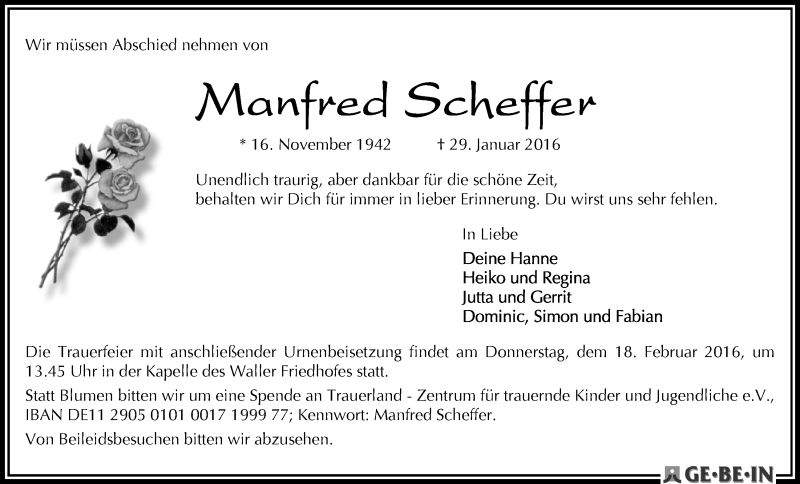 Traueranzeige von Manfred Scheffer von WESER-KURIER