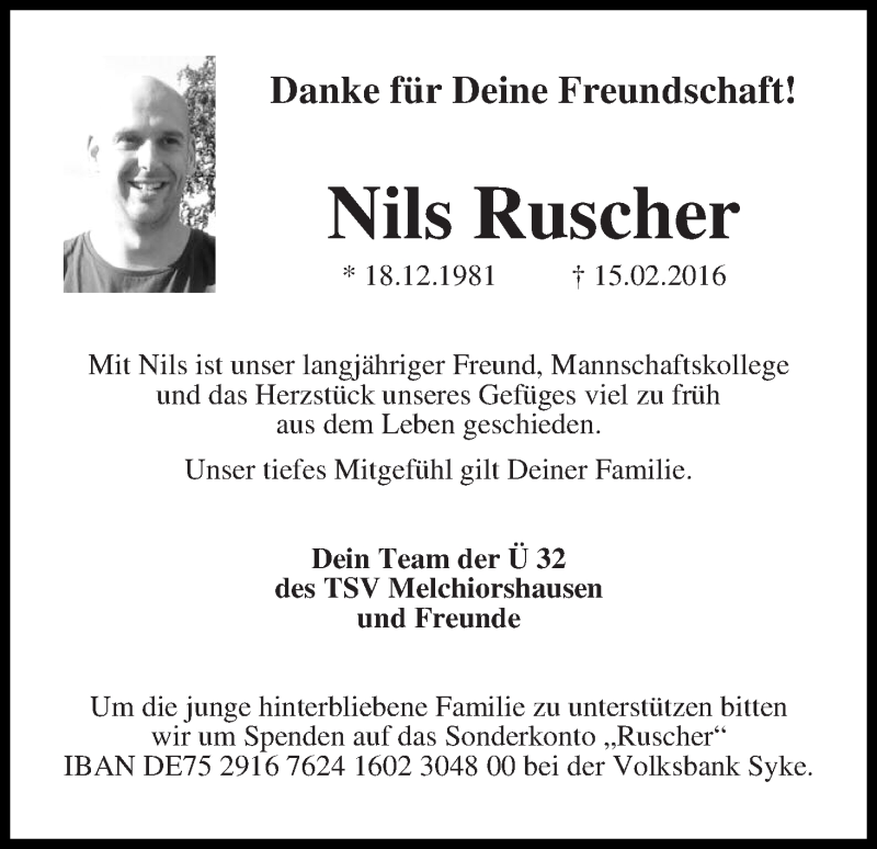  Traueranzeige für Nils Ruscher vom 18.02.2016 aus Regionale Rundschau/Syker Kurier