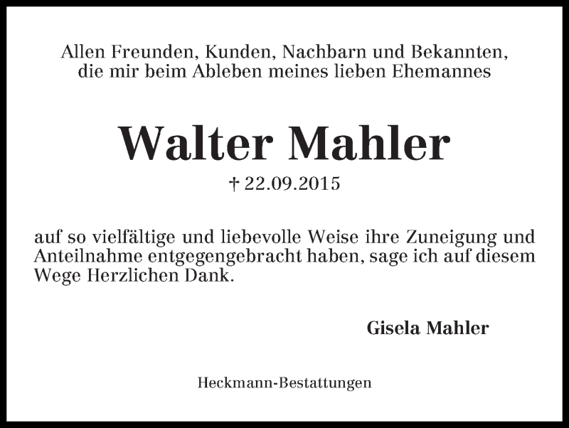 Traueranzeige von Walter Mahler von Die Norddeutsche