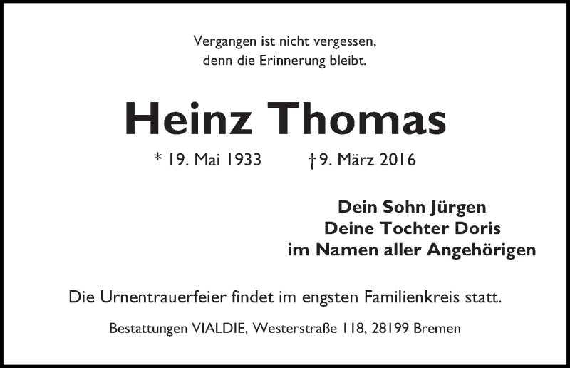 Traueranzeige von Heinz Thomas von WESER-KURIER