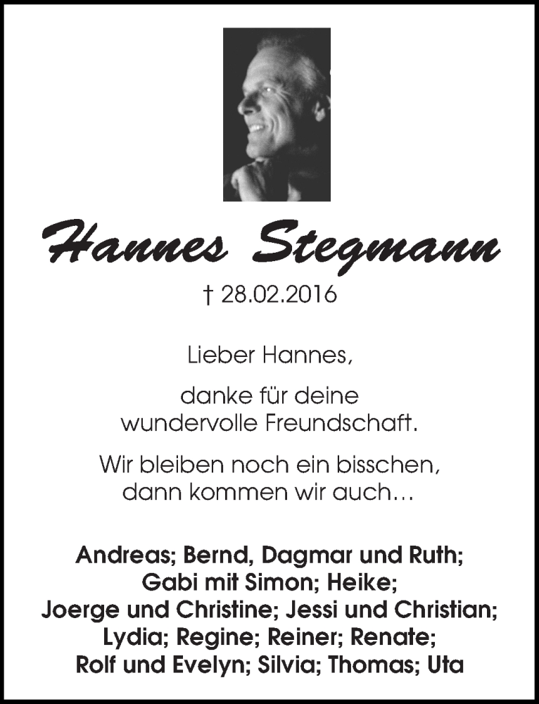 Traueranzeige von Hannes Stegmann von WESER-KURIER