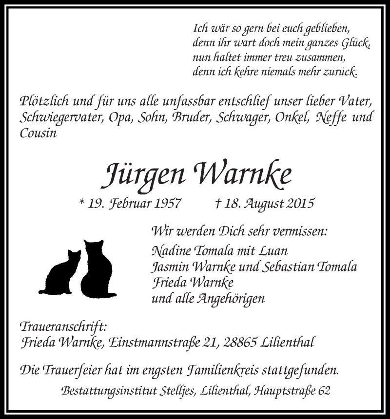  Traueranzeige für Jürgen Warnke vom 26.08.2015 aus Wuemme Zeitung
