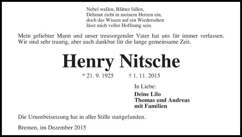 Traueranzeige von Henry Nitsche von Die Norddeutsche