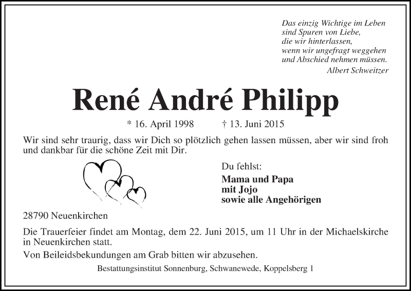 Traueranzeige von René André Philipp von Die Norddeutsche