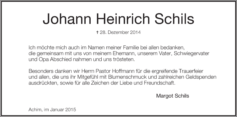 Traueranzeige von Johann Heinrich Schils von Achimer Kurier/Verdener Nachrichten