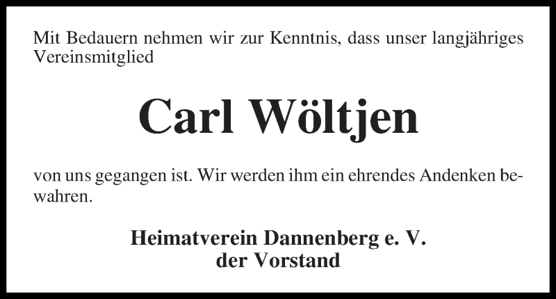 Traueranzeige von Carl Wöltjen von Wuemme Zeitung
