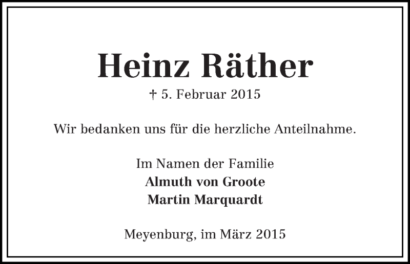 Traueranzeige von Heinz Räther von Die Norddeutsche