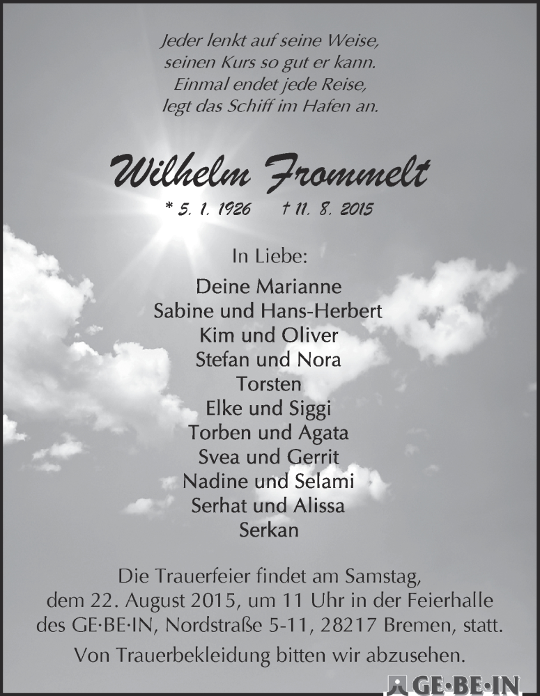  Traueranzeige für Wilhelm Frommelt vom 15.08.2015 aus WESER-KURIER