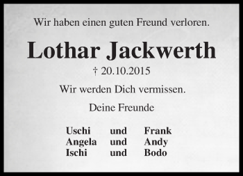 Traueranzeige von Lothar Jackwerth