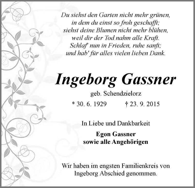  Traueranzeige für Ingeborg Gassner vom 10.10.2015 aus WESER-KURIER