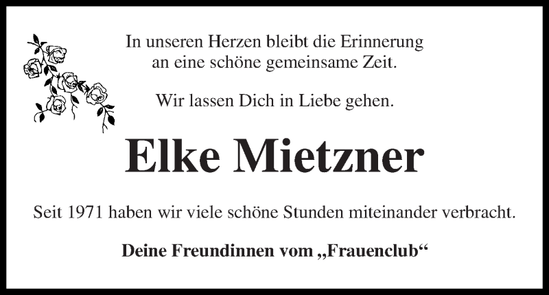 Traueranzeige von Elke Mietzner von Wuemme Zeitung