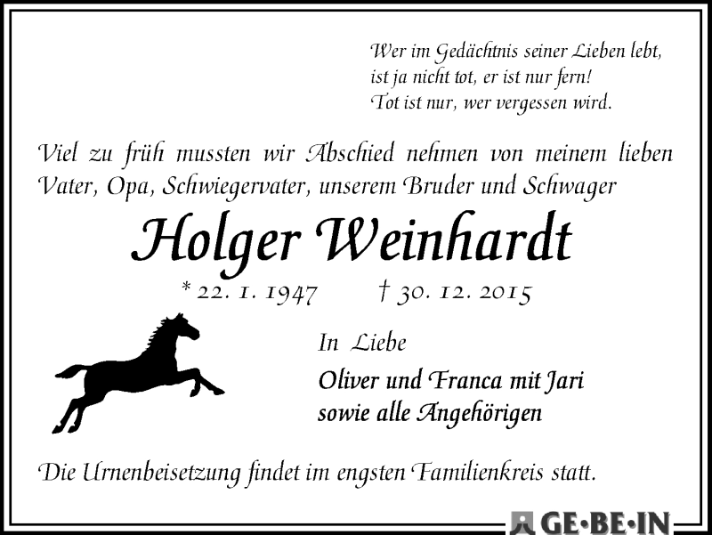 Traueranzeige von Holger Weinhardt von WESER-KURIER