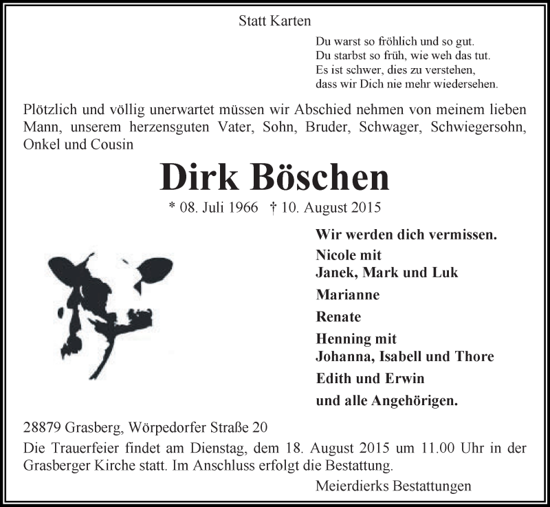  Traueranzeige für Dirk Böschen vom 13.08.2015 aus Wuemme Zeitung