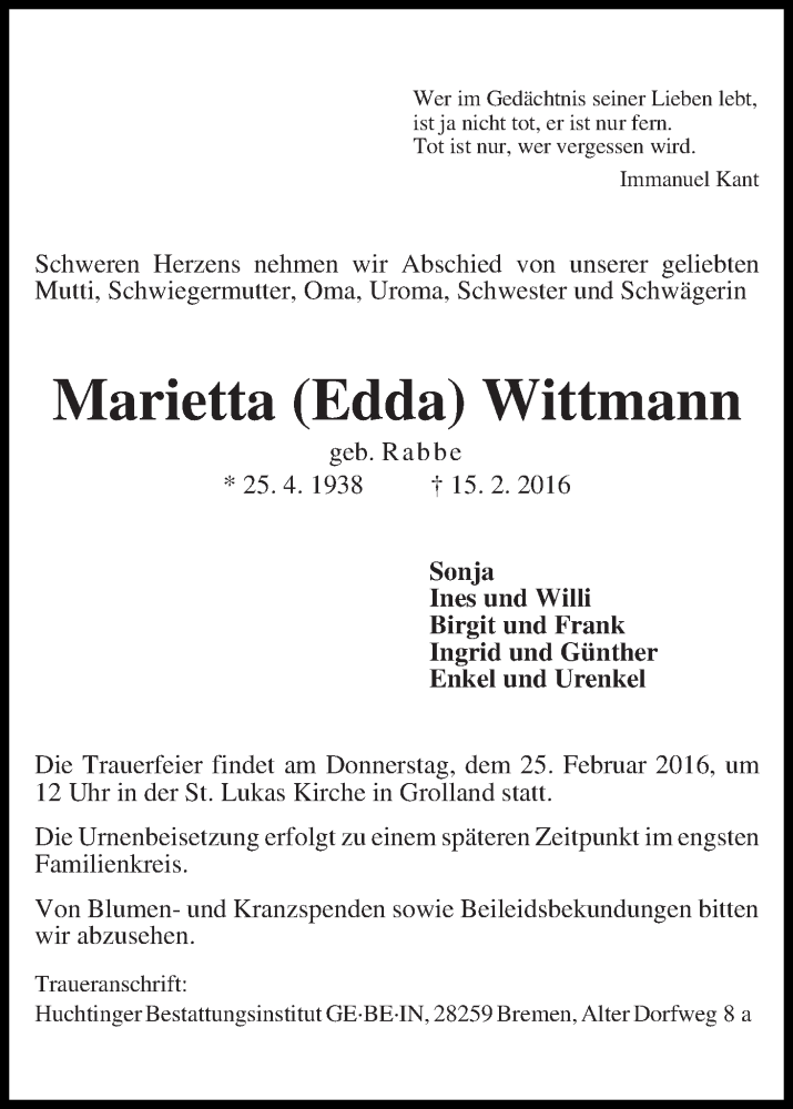 Traueranzeige von Marietta (Edda) Wittmann von WESER-KURIER