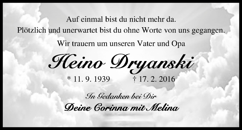 Traueranzeige von Heino Dryanski von Die Norddeutsche