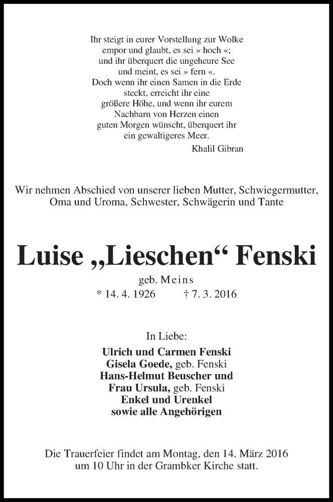 Traueranzeige von Luise 