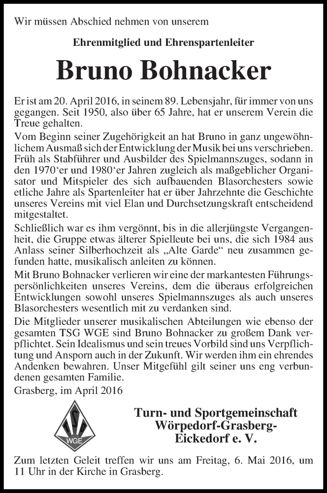 Traueranzeige von Bruno Bohnacker von Wuemme Zeitung