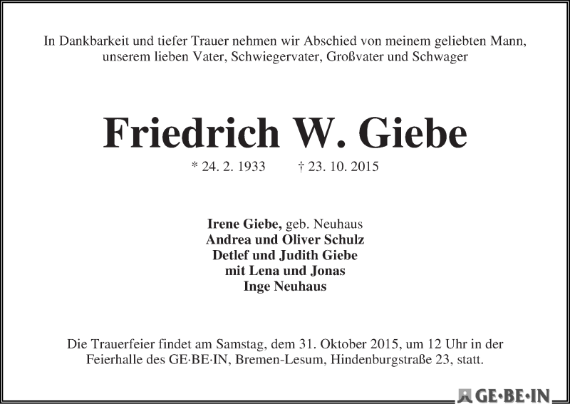Traueranzeige von Friedrich W. Giebe von WESER-KURIER