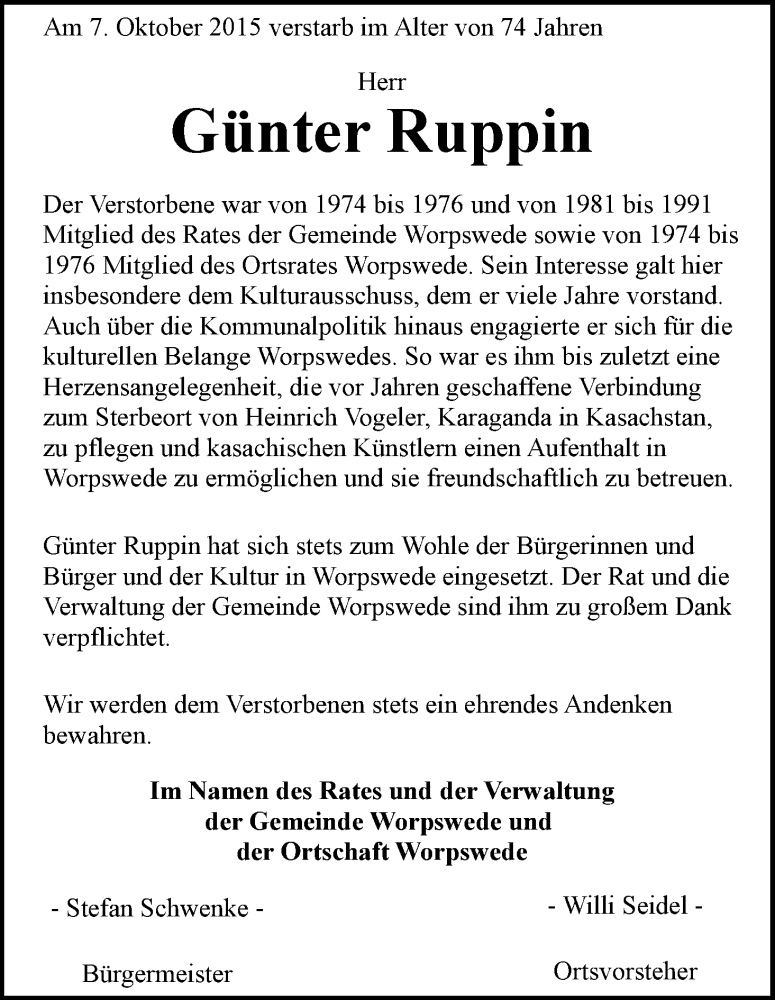 Traueranzeige von Günter Ruppin von Wuemme Zeitung
