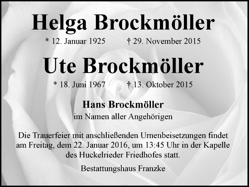  Traueranzeige für Helga und Ute Brockmöller vom 16.01.2016 aus WESER-KURIER