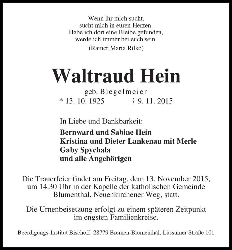 Traueranzeige von Waltraud Hein von Die Norddeutsche