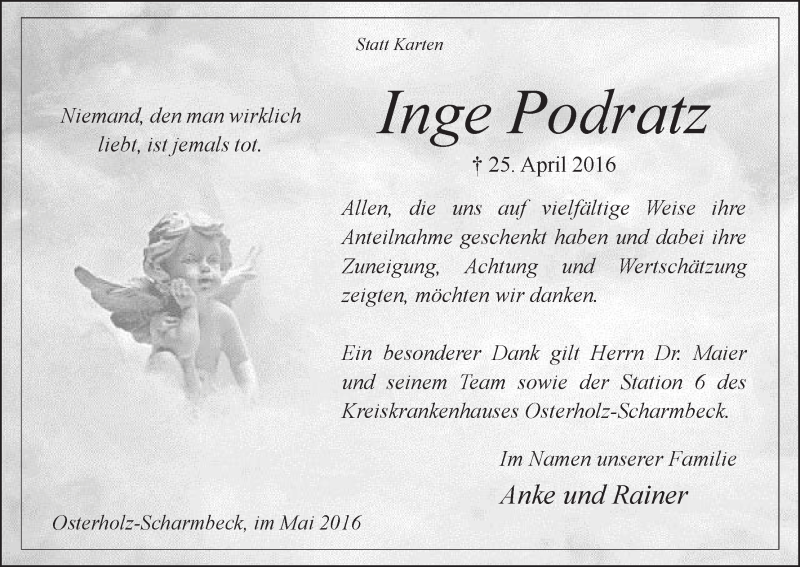 Traueranzeige von Inge Podratz von Osterholzer Kreisblatt
