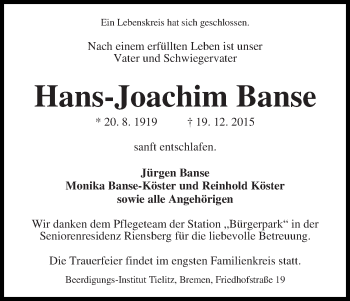 Traueranzeige von Hans-Joachim Banse