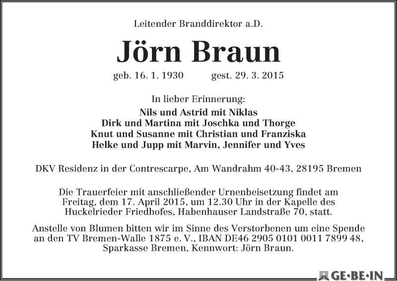Traueranzeige von Jörn Braun von WESER-KURIER