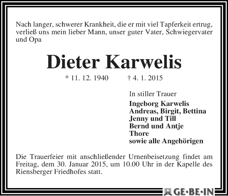 Traueranzeige von Dieter Karwelis von WESER-KURIER