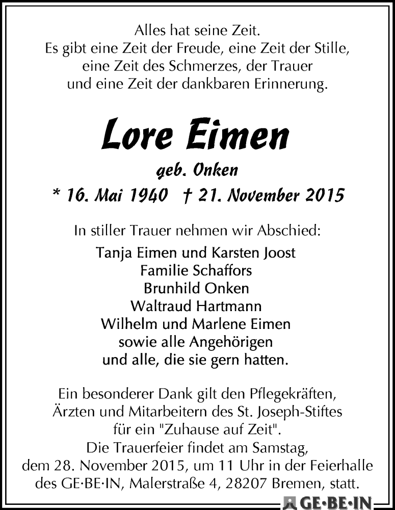 Traueranzeige von Lore Eimen von WESER-KURIER