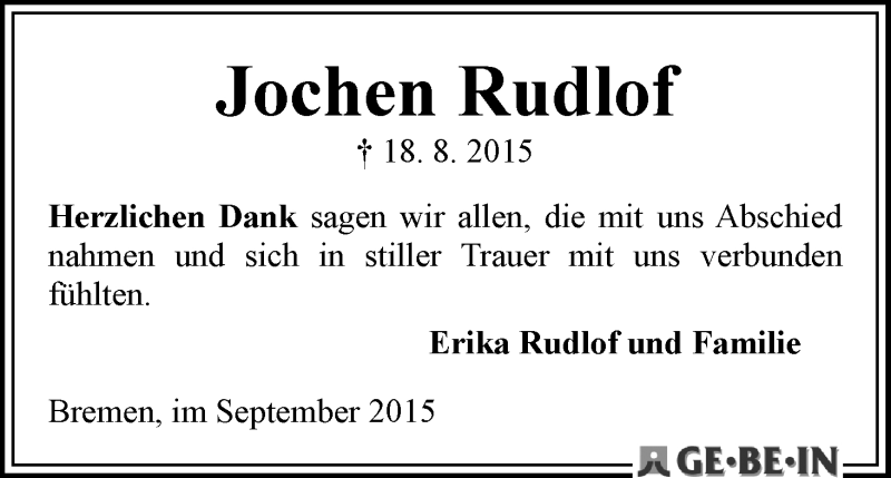 Traueranzeige von Jochen Rudlof von WESER-KURIER