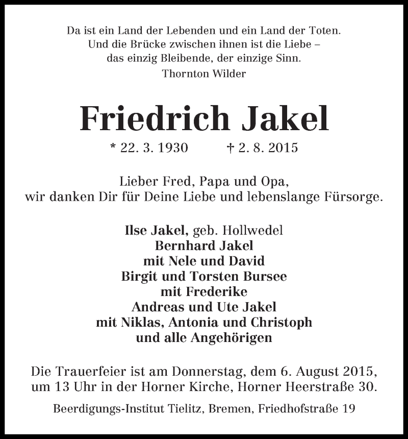 Traueranzeige von Friedrich Jakel von WESER-KURIER