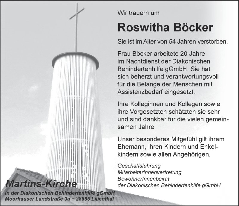 Traueranzeige von Roswitha Böcker von Wuemme Zeitung