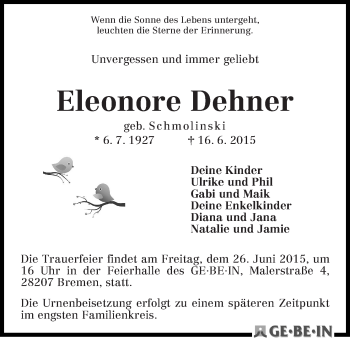 Traueranzeige von Eleonore Dehner