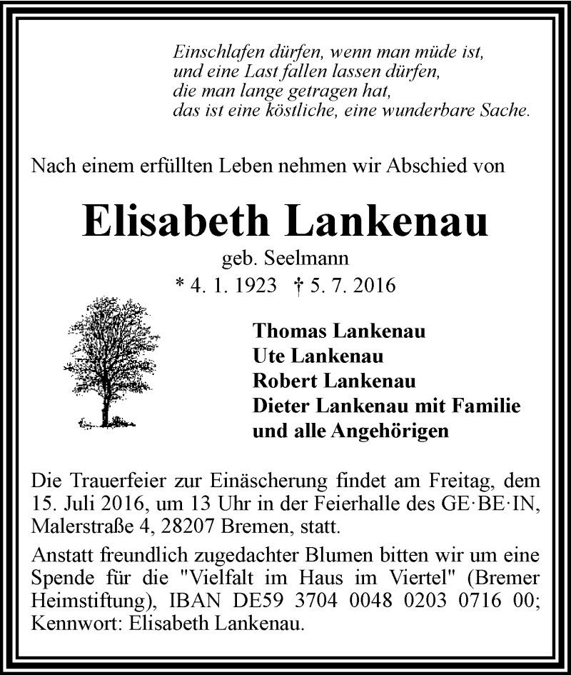 Traueranzeige von Elisabeth Lankenau von WESER-KURIER