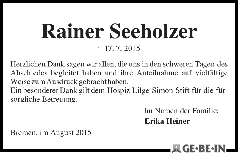 Traueranzeige von Rainer Seeholzer von Die Norddeutsche
