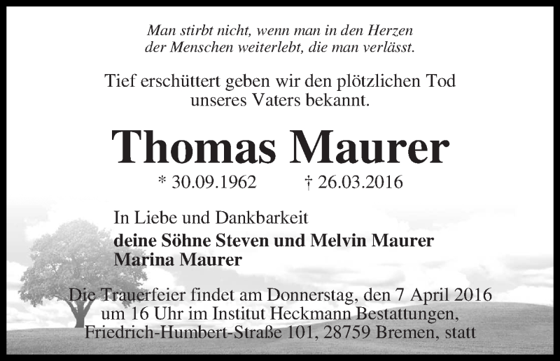 Traueranzeige von Thomas Maurer von WESER-KURIER