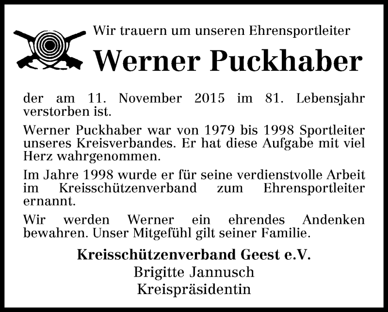 Traueranzeige für Werner Puckhaber vom 18.11.2015 aus Die Norddeutsche