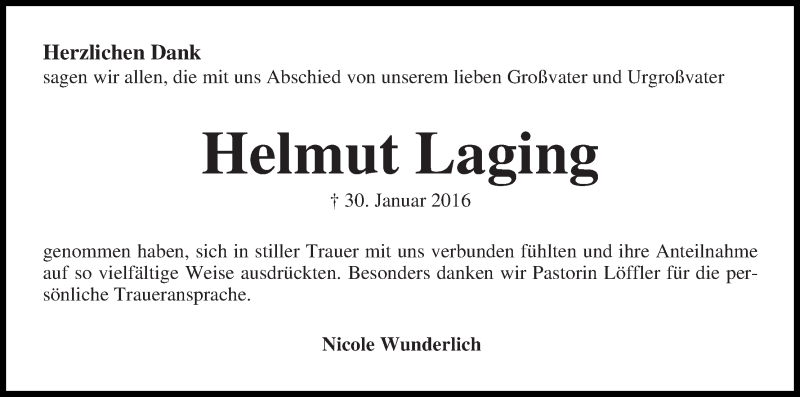 Traueranzeige von Helmut Laging von Die Norddeutsche
