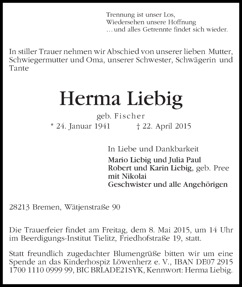 Traueranzeige von Herma Liebig von WESER-KURIER