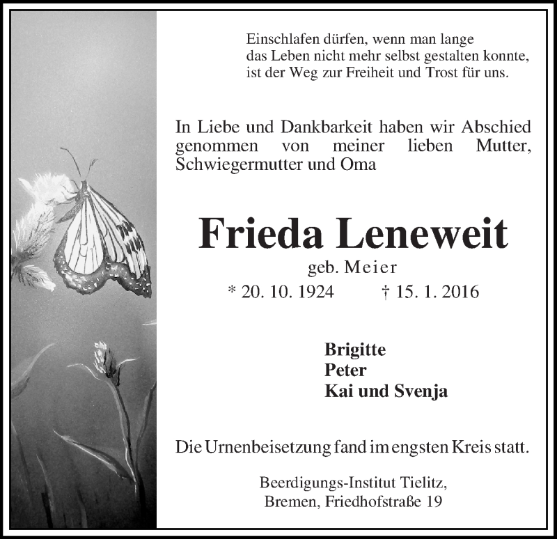 Traueranzeige von Frieda Leneweit von WESER-KURIER