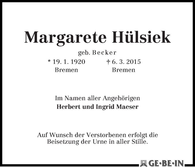 Traueranzeige von Margarete Hülsiek von WESER-KURIER