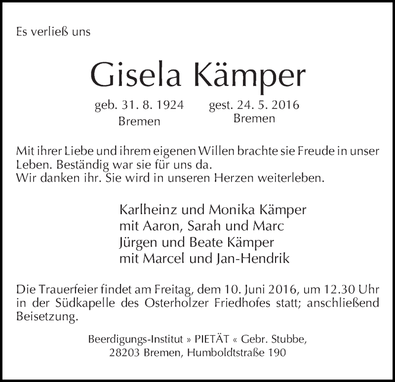 Traueranzeige von Gisela Kämper von WESER-KURIER