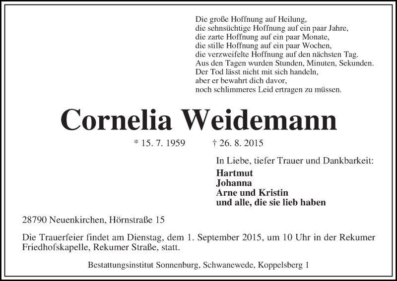 Traueranzeige von Cornelia Weidemann von Die Norddeutsche