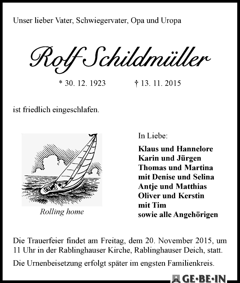 Traueranzeige von Rolf Schildmüller von WESER-KURIER