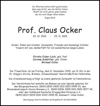 Traueranzeige von Claus Ocker
