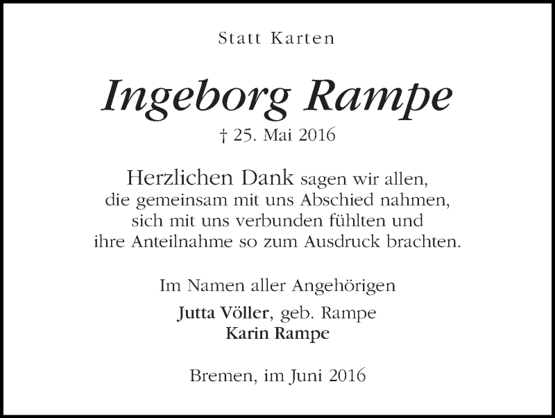 Traueranzeige von Ingeborg Rampe von WESER-KURIER
