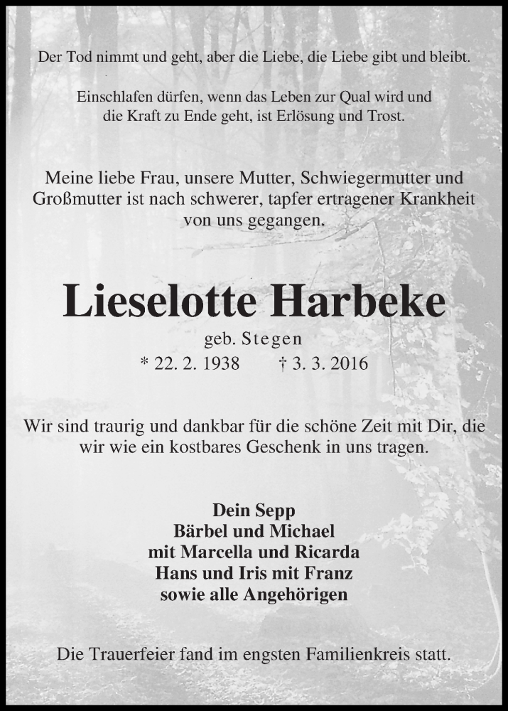 Traueranzeige von Lieselotte Harbeke von WESER-KURIER